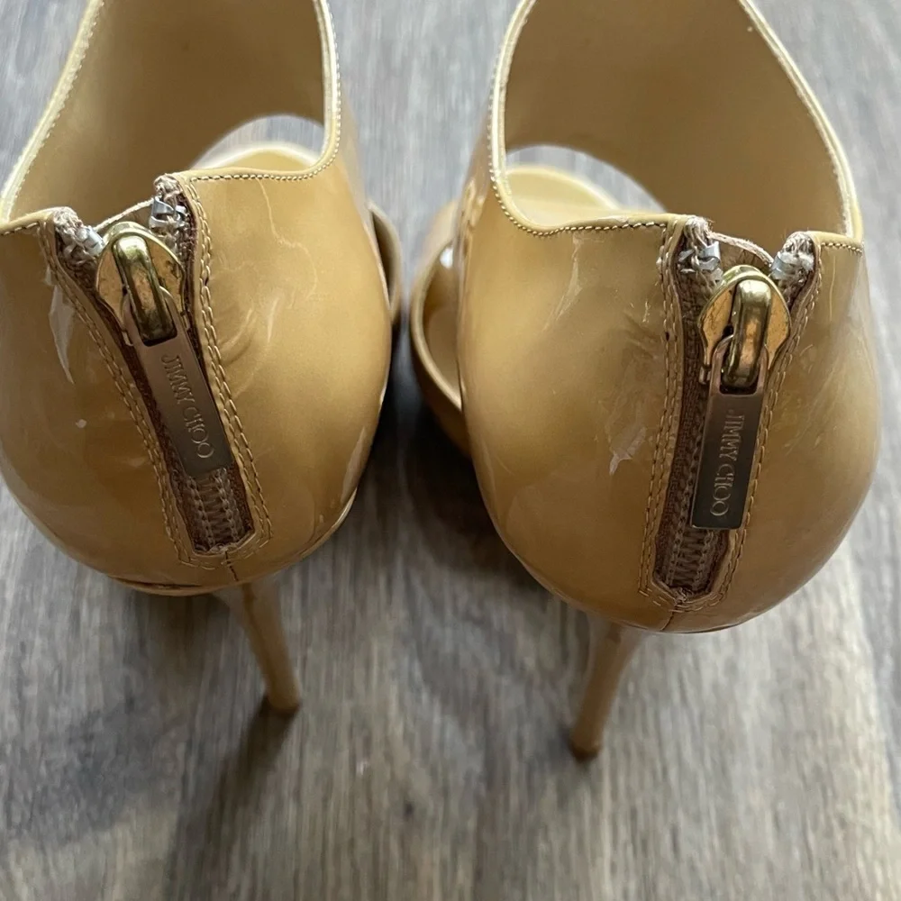 Jimmy Choo Nude Patent Platform Peep Toe Heels Ankle Cuff Stiletto Pumps 37.5